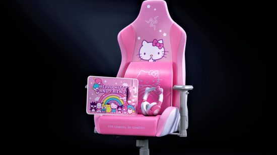 A Razer Hello Kitty chair with a headset and mouse mat propped up on it