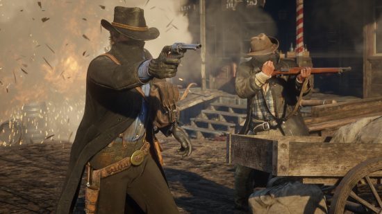 Beste pc-misdaadgames: twee gemaskerde cowboys in een vuurgevecht
