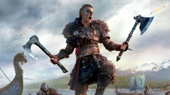 Best action-adventure games - Eivor stands at the front of a boat, shouting a battle cry while arrows fly past her in Assassin's Creed Valhalla.