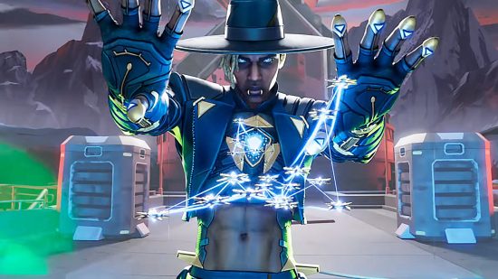 Personaggi di Apex Legends: un uomo che indossa una giacca ritagliata crea elettricità dalle sue mani