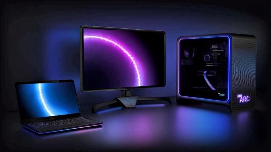 Intel Arc mock PC images on blue backdrop
