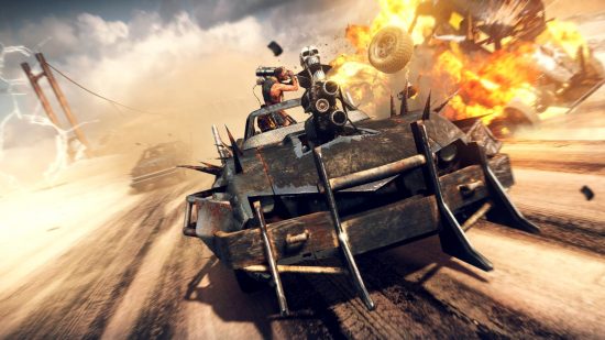 Best apocalypse games - Mad Max: A group of protaganists in a ratty vehicle drive through the desert