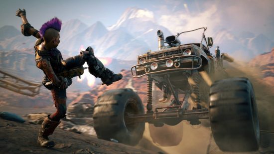 Best apocalypse games - Rage 2: A survivor with a purple mohawk kicks the air as a chopped monster truck approaches