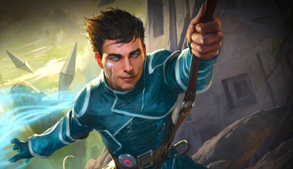 Best card games - Magic: The Gathering Arena. An image shows a man swinging on a rope.