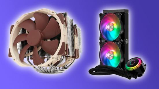 Best CPU cooler@ Noctua fan cooler and Coller Master AIO on blue backdrop