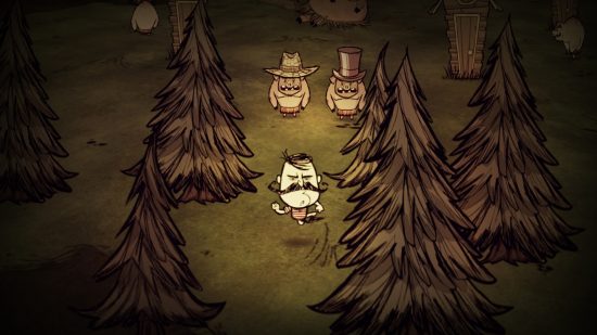 Best crafting games: A hand-drawn image of Wolfgang walking through the forest in Don't Starve