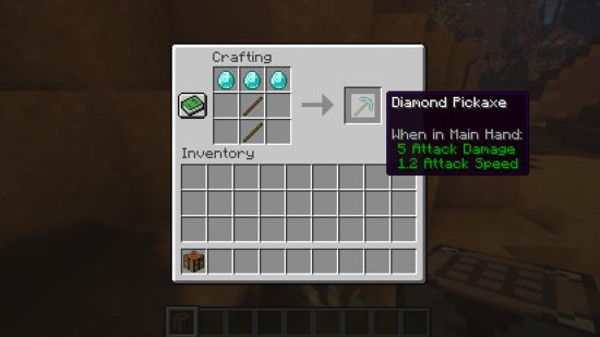 Best crafting games: The crafting table interface in Minecraft, with two sticks and three diamonds making a precious diamond pickaxe