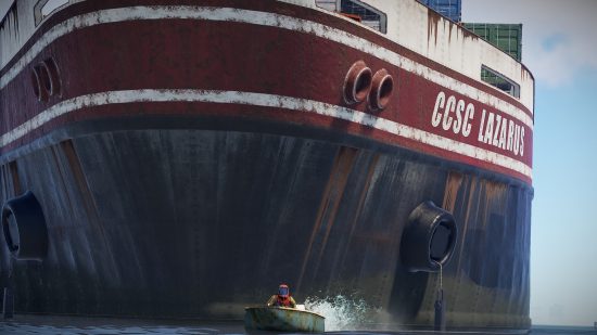A huge ship looms behind a player in a small boat in Rust, one of the best crafting games