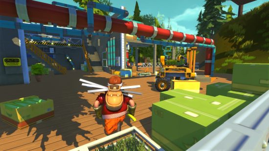 A mechanic hard at work in a colourful and cartoonish yard in one of the best crafting games, Scrap Mechanic