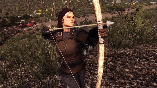 A lady aims her arrow at an unseen threat in one of the best crafting games, 7 Days to Die