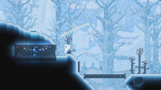 A wintry world in Terraria, one of the best crafting games
