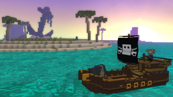 Best crafting games - Trove: A blocky pirate ship sails in from of a desert island in a pixelated game world