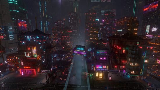 Best cyberpunk games - Cloudpunk: A neon car flies through the air in a dark, rainy, neon-filled city