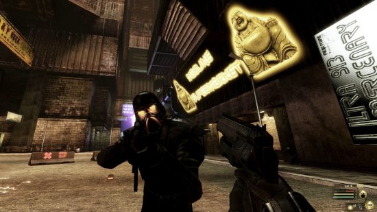 Best Cyberpunk games - E.Y.E Divine Cybermancy: You face off with an opponent in a helmet in an industrial, dark Cyberpunk warehouse