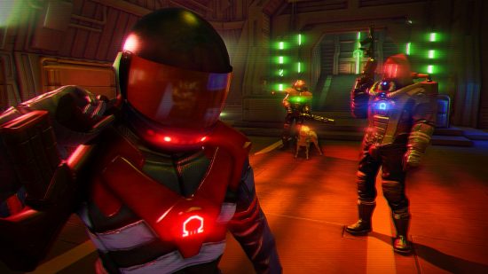 Best cyberpunk games - Far Cry 3 Blood Dragon: Three characters kitted out with neon trimmed space suits