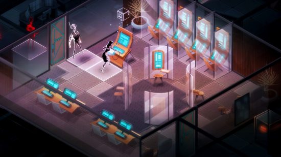 Best Cyberpunk games - Invisible inc: A woman uploads information in a neon, tech-filled room