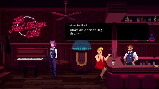 Best Cyberpunk games - The Red Strings Club: A woman in a red dress drinks at a neon-lit bar in the pixelated environment of the Red Strings Club