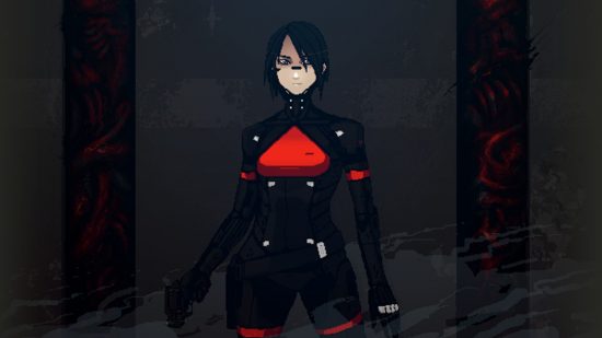 Best cyberpunk games - Signalis: The protagonist Elster, a red and black Replika unit, a pixelated anime style character