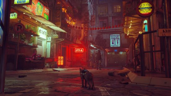 Best cyberpunk games - Stray: The protagonist, a cat, stands in a dark, neon light-filled Chinatown at night