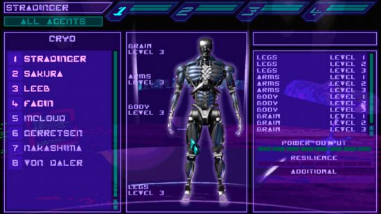 Best cyberpunk games - Syndicate Wars: A cybernetic character screen, featuring a robotic model and its upgrade options