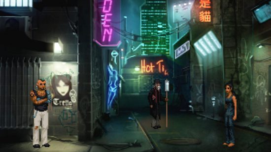 Best Cyberpunk games - Technobabylon: A trio of protagonists gather in a neon-lit alleyway at night