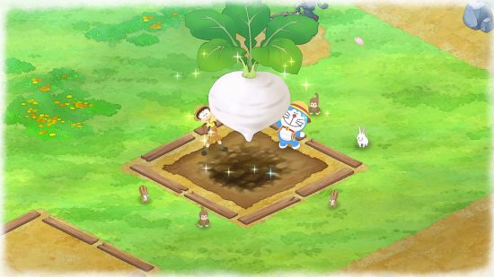 Best farming games - Doraemon and player pull a giant parsnip out of the ground in Doraemon Story of Seasons Friends of the Great Kingdom