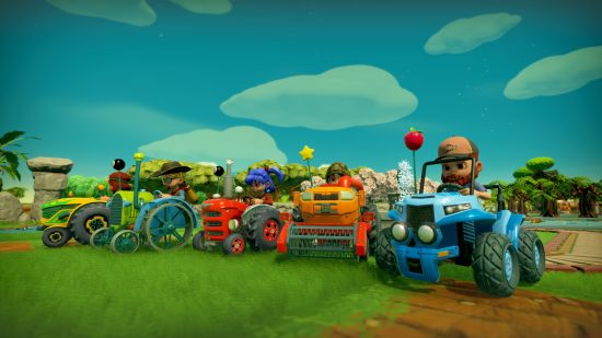Best farming games - Four characters, each on their own colourful tractor, in Farm Together.