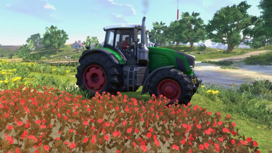 Best farming games - A realistic green tractor drives through a field of red poppies in Farmer's Dynasty