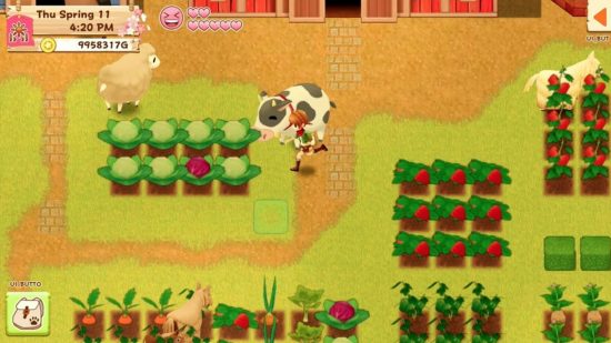 Best farming games - a top-down view of a character and a cow walking around farm plots in Harvest Moon