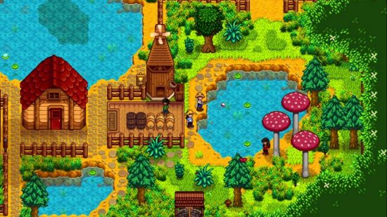 Best farming games - a top-down view of pixelated farming game Stardew Valley, showing a pond and a chicken coop.