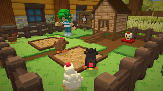 Best farming games - A green-haired characters is surrounded by blocky chickens in their coop in multiplayer farming game Staxel.