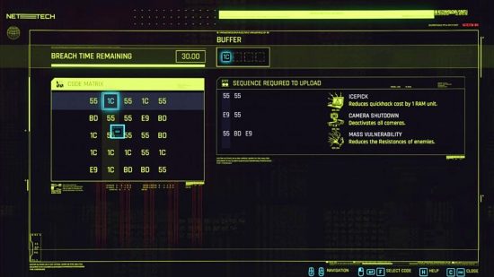 Best Hacking games - Cyberpunk 2077: The hacking minigame in which you need to select numbers to make the sequence