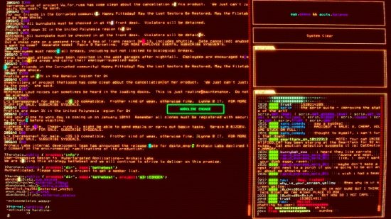 เกมแฮ็คที่ดีที่สุด-Hackmud: หน้าจอคอมพิวเตอร์เก่า ๆ ที่มีสีสันซีเปียที่เต็มไปด้วยรหัสสีสันสดใส