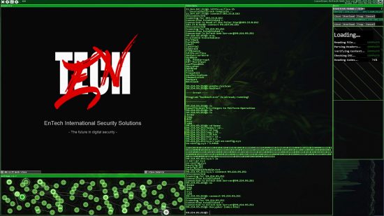 最高のハッキングゲーム-HackNet：架空のゲーム内技術会社のロゴと並んで、たくさんの緑のコードを示すコンピューター画面