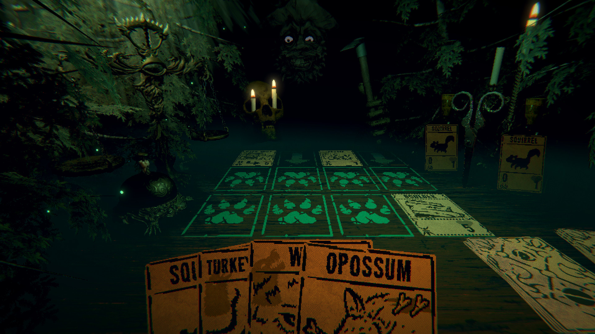 Best indie games: Inscryption. Image shows a player sitting across from a spooky figure cloaked in darkness, playing a card game.