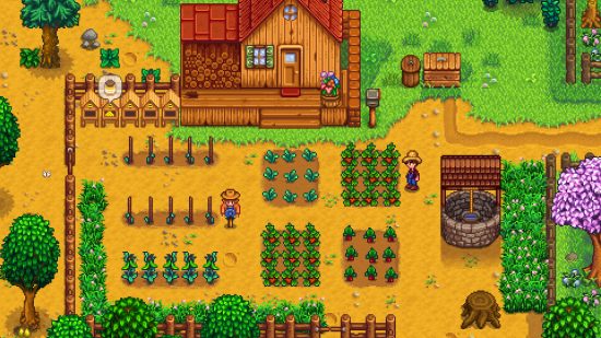 最佳管理遊戲：一個繁榮的農場，裡面充滿了農作物和稻草人。