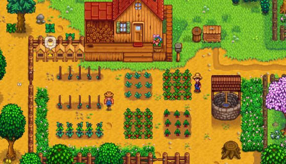 Best management games: a farm full of crops and a scarecrow in Stardew Valley.