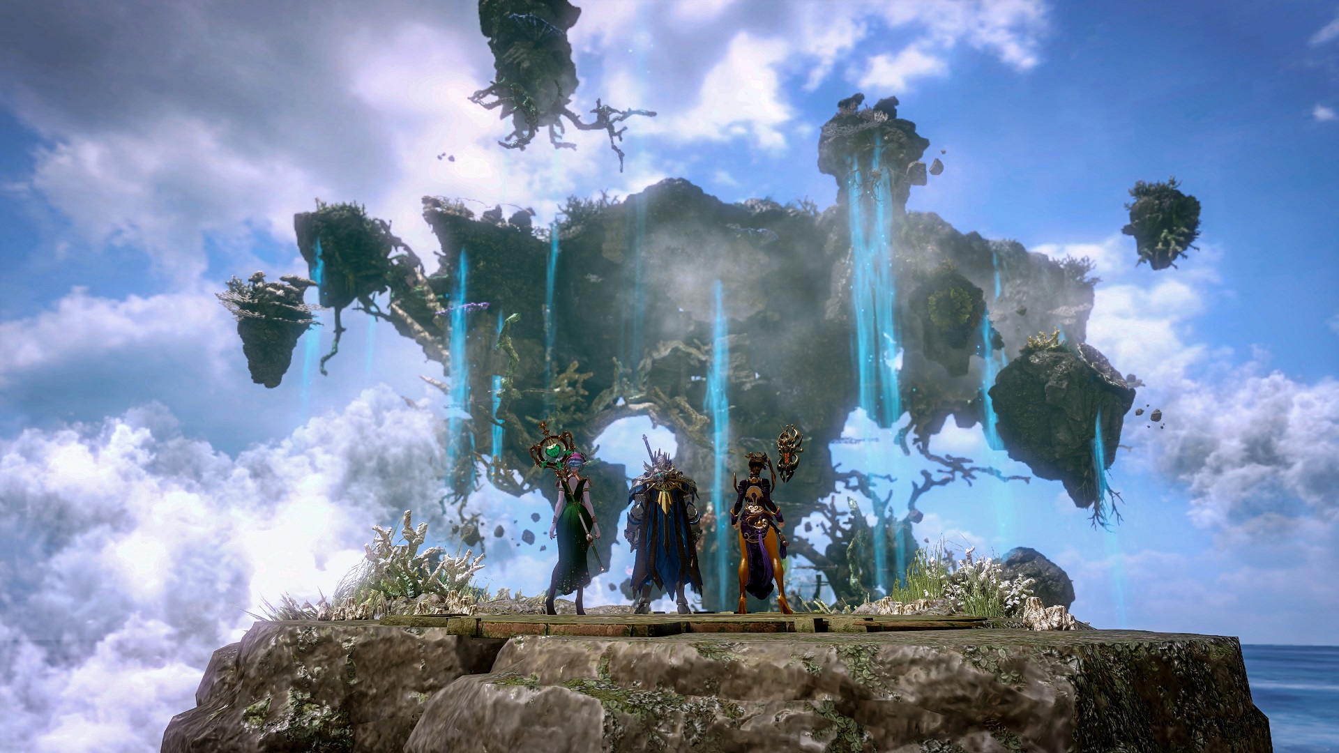 Лучшие MMORS: Lost Ark. Image показывает персонажей на плавающем острове, смотрящих на другие плавающие острова