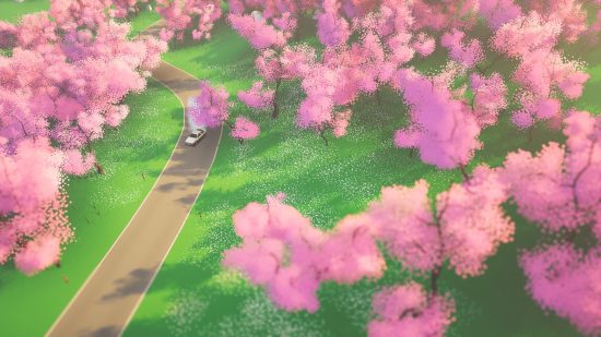 Best racing games - Art of Rally: A rally car driving through a pink blossom environment
