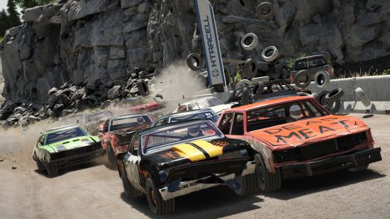 Best racing games - Wreckfest: a bunch of muscle cars race alongside one another while some tyres get flung into the air in the background
