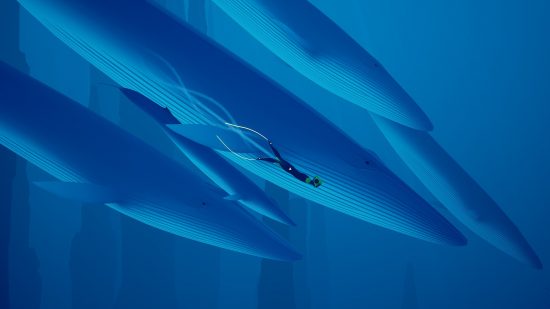 เกมผ่อนคลายที่ดีที่สุด - Abzu: ภาพสีฟ้าโทนสีฟ้าแสดงให้เห็นว่านักดำน้ำว่ายน้ำกับปลาวาฬ