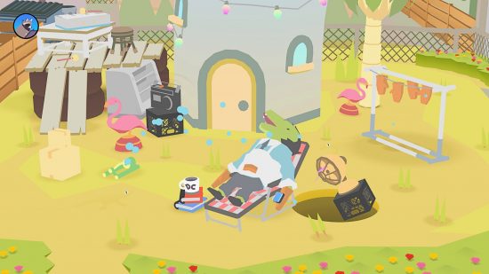 Best relaxing games - Donut County: A crocodile character lies in a garden chair in the pastel-colored game world