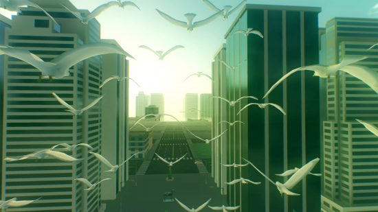 Best relaxing games - Everything: A flock of seagulls flies towards the horizon in a grey city