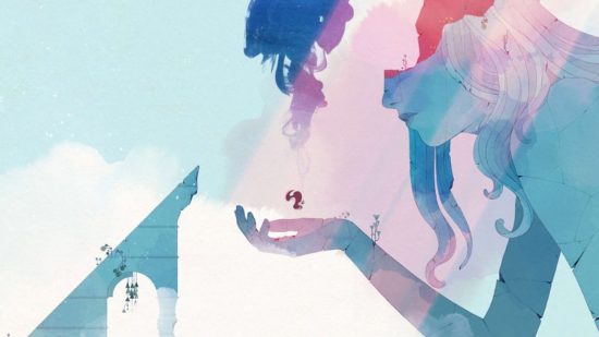 Best relaxing games - Gris: The protagonist navigates a crumbled statue in Gris, one of the best relaxing games