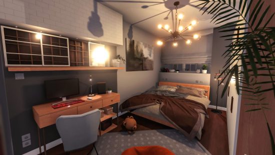 Best relaxing games - House Flipper: A fully decorated bedroom with warm lighting and comfy furniture
