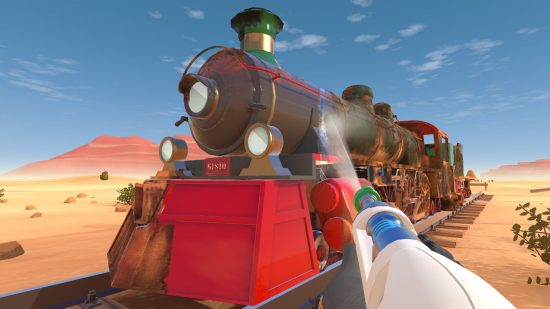 Best relaxing games - Powerwash simulator: A clean and shiny steam train gleams in front of you as you finish powerwashing it