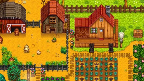 En İyi Rahatlatıcı Oyunlar - Stardew Valley: Pikselli bir karakter, bitkiler ve hayvanlarla çevrili bir çiftlikte duruyor