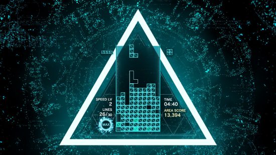 Best relaxing games - Tetris Effect: A classic Tetris interface, but glowing neon turquoise in a bright white triangle