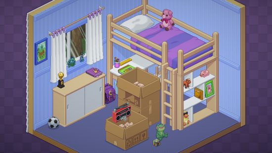 Mejores juegos relajantes - Desempacar: un dormitorio de estilo de dibujos animados azul y morado lleno de cajas que necesitan desempacar