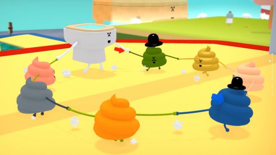 Best relaxing games - Wattam: colourful poops and a toilet hold hands and dance in a circle